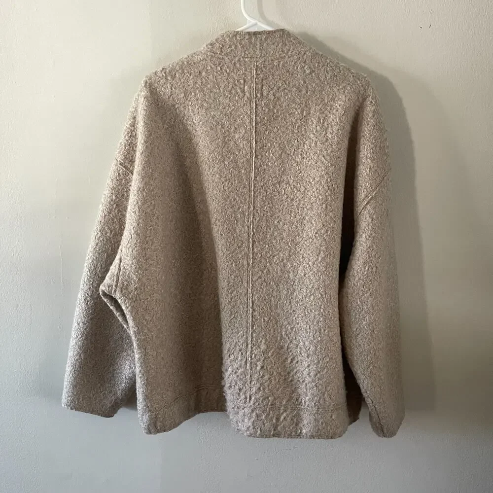 Zara Womens M/L Oversized Boucle Bomber Jacket Beige Cream Textured